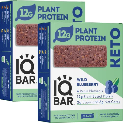 IQBAR Brain and Body Keto Protein Bars - Wild Blueberry Keto Bars - 24-Count Energy Bars - Low Carb Protein Bars - High Fiber Vegan Bars and Low Sugar Meal Replacement Bars - Vegan Snacks