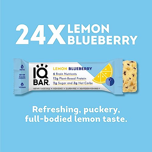 IQBAR Brain and Body Keto Protein Bars - Lemon Blueberry Keto Bars - 24-Count Energy Bars - Low Carb Protein Bars - High Fiber Vegan Bars and Low Sugar Meal Replacement Bars - Vegan Snacks