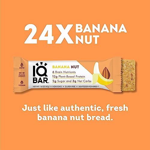 IQBAR Brain and Body Keto Protein Bars - Banana Nut Keto Bars - 24-Count Energy Bars - Low Carb Protein Bars - High Fiber Vegan Bars and Low Sugar Meal Replacement Bars - Vegan Snacks