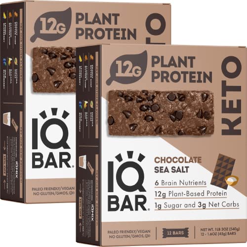 IQBAR Brain and Body Keto Protein Bars - Chocolate Sea Salt Keto Bars - 24-Count Energy Bars - Low Carb Protein Bars - High Fiber Vegan Bars and Low Sugar Meal Replacement Bars - Vegan Snacks