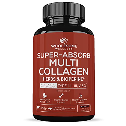 Super-Absorb Multi Collagen Pills (Type I II III V X) Organic Herbs and Bioperine - Hair, Skin, Nails, Joints - Hydrolyzed Collagen Peptides Protein Supplement for Women Men (90 Capsules)