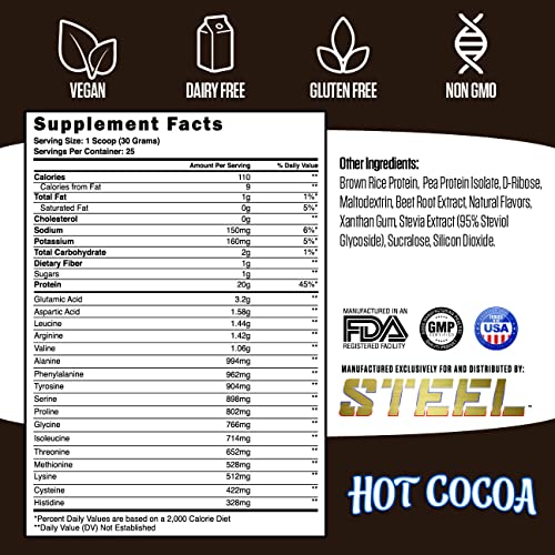 Steel Supplements Veg-PRO | Vegan Protein Powder, Hot Cocoa | 25 Servings (1.65lbs) | Organic Protein Powder with BCAA Amino Acid | Gluten Free | Non Dairy | Low Carb Formula