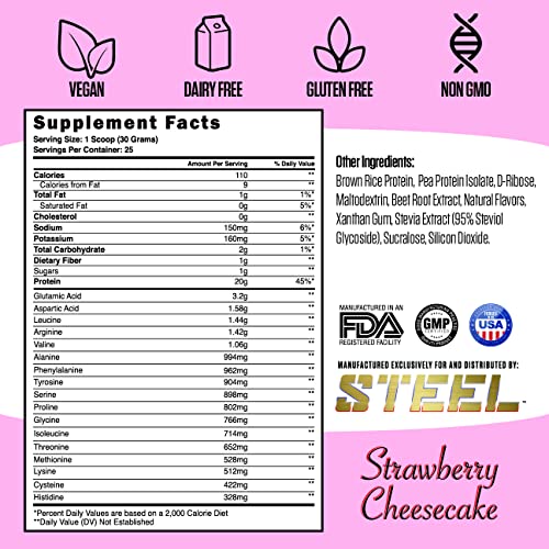 Steel Supplements Veg-PRO | Vegan Protein Powder, Strawberry Cheesecake | 25 Servings (1.65lbs) | Organic Protein Powder with BCAA Amino Acid | Gluten Free | Non Dairy | Low Carb Formula