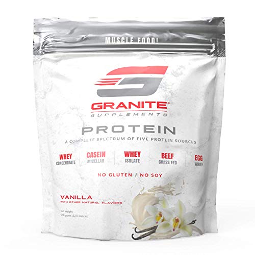 Protein Powder by Granite | 30 Servings of Complete Spectrum Protein to Build Lean Muscle | 5 Protein Sources: Whey Concentrate, Micellar Casein, Isolate, Grass Fed Beef, Egg White | 2lb (Vanilla)