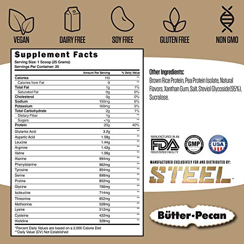 Steel Supplements Veg-PRO | Vegan Protein Powder, Butter Pecan | 25 Servings (1.65lbs) | Organic Protein Powder with BCAA Amino Acid | Gluten Free | Non Dairy | Low Carb Formula Artificial Flavoring