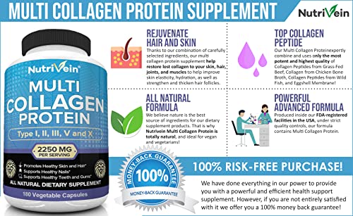 Nutrivein Multi Collagen Pills 2250mg - 180 Collagen Capsules - Type I, II, III, V, X - Anti-Aging, Healthy Joints, Hair, Skin, Bones, Nails, Hydrolyzed Protein Collagen Peptides for Woman and Men