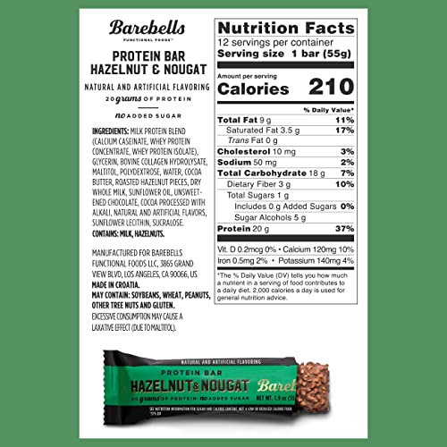 Barebells Protein Bars Hazelnut & Nougat - 12 Count, 1.9oz Bars - Protein Snacks with 20g of High Protein - Chocolate Protein Bar with 1g of Total Sugars - On The Go Protein Snack & Breakfast Bars