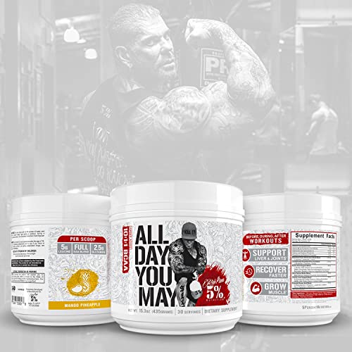 5% Nutrition Rich Piana AllDayYouMay BCAA Powder | Premium Intra & Post Workout Amino Acids, Hydration, Endurance, Muscle Recovery, Joint & Liver Support | 15.3 oz, 30 Servings (Mango Pineapple)