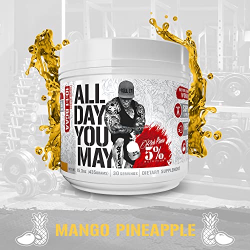 5% Nutrition Rich Piana AllDayYouMay BCAA Powder | Premium Intra & Post Workout Amino Acids, Hydration, Endurance, Muscle Recovery, Joint & Liver Support | 15.3 oz, 30 Servings (Mango Pineapple)