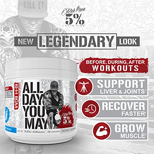 5% Nutrition Rich Piana AllDayYouMay BCAA Powder | Premium Intra & Post Workout Amino Acids, Hydration, Endurance, Muscle Recovery, Joint & Liver Support | 15.3 oz, 30 Servings (Lemon Lime)