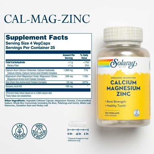 Solaray Calcium Magnesium Zinc Supplement, with Cal & Mag Citrate, Strong Bones & Teeth Support, Easy to Swallow Capsules, 60 Day Money Back Guarantee, 25 Servings, 100 VegCaps