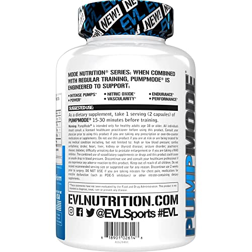 Evlution Nutrition Pump Mode Nitric Oxide Booster to Support Intense Pumps, Performance and Vascularity, 30 Servings