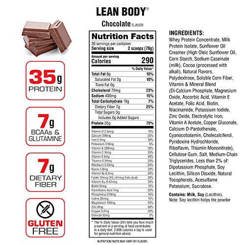 Lean Body All-in-One Chocolate Protein Shake. 35g Protein, Whey Blend, 7g Healthy Fats & Fiber, 22 Vitamins and Minerals, No Artificial Colors, Gluten Free, (4.6lb) Packaging May Vary