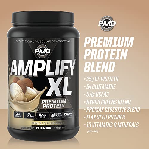 PMD Sports Amplify XL Premium Whey Protein Supplement Hydro Greens Blend - Glutamine and Whey Protein Matrix with Superfood for Muscle, Strength and Recovery - Vanilla Flex (24 Servings)