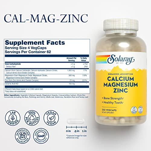 Solaray Calcium Magnesium Zinc Supplement, with Cal & Mag Citrate, Strong Bones & Teeth Support, Easy to Swallow Capsules, Vegan, 60 Day Money Back Guarantee, 62 Servings, 250 VegCaps