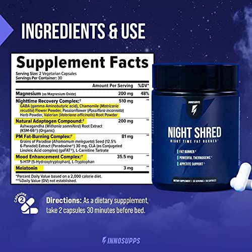InnoSupps Night Shred - Night Time Fat Burner | Appetite Suppressant and Weight Loss Support| Ashwagandha Root, Grains of Paradise, Melatonin (60 Vegetarian Capsules) |