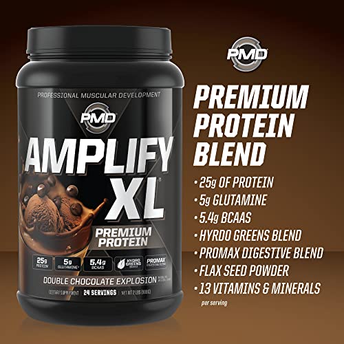 PMD Sports Amplify XL Premium Whey Protein Supplement Hydro Greens Blend - Glutamine and Whey Protein Matrix with Superfood for Muscle, Strength and Recovery - Double Chocolate Explosion (24 Servings)