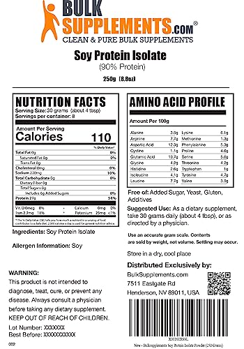 BULKSUPPLEMENTS.COM Soy Protein Isolate Powder - Unflavored, No Sugar Added, Gluten Free, Vegetarian & Vegan Protein Powder - 27g of Protein - 30g per Serving (250 Grams - 8.8 oz)