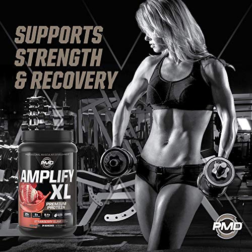 PMD Sports Amplify XL Premium Whey Protein Supplement Hydro Greens Blend - Glutamine and Whey Protein Matrix with Superfood for Muscle, Strength and Recovery - Strawberry Slam (24 Servings)