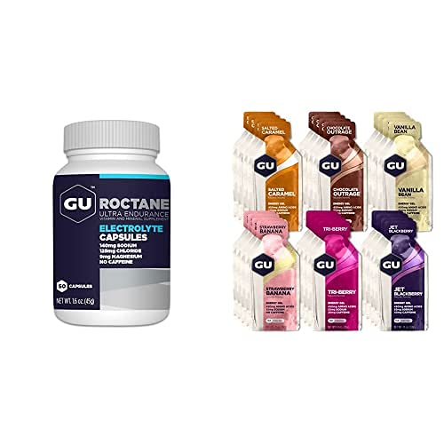 GU Energy Variety Pack, Roctance Ultra Endurance Electrolye Capsules (50-Count Bottle) and Assorted Flavors Energy Gels (24-Count)