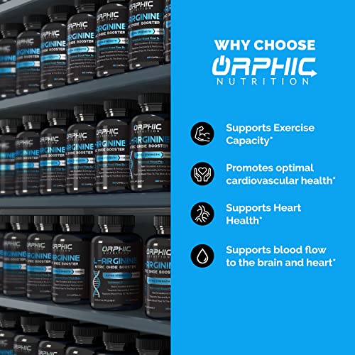 ORPHIC NUTRITION Extra Strength L Arginine - Nitric Oxide Supplement to Support Muscle Health, Exercise Performance and Endurance, Vascularity, Heart Health, Energy Levels* - 60 Caps