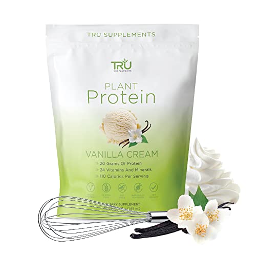 TRU Plant Based Protein Powder, BCAA, EAA, 20g Vegan Protein, 100 Calories, 27 Vitamins, No Artificial Sweeteners 25 Servings (Vanilla)