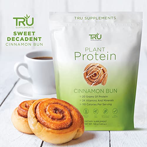TRU Plant Based Protein Powder, BCAA, EAA, 20g Vegan Protein, 100 Calories, 27 Vitamins, No Artificial Sweeteners 25 Servings (Cinnamon Bun)