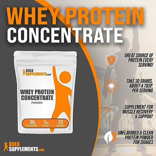 BULKSUPPLEMENTS.COM Whey Protein Concentrate Powder - Protein Powder Unflavored, Flavorless Protein Powder, Whey Protein Powder - Pure Protein Powder, 30g per Serving, 1kg (2.2 lbs)
