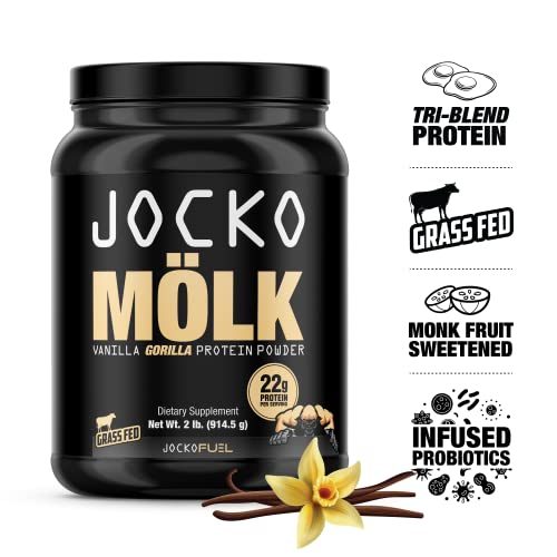 Jocko Mölk Whey Protein Powder (Vanilla) - Keto, Probiotics, Grass Fed, Digestive Enzymes, Amino Acids, Sugar Free Monk Fruit Blend - Supports Muscle Recovery and Growth - 31 Servings