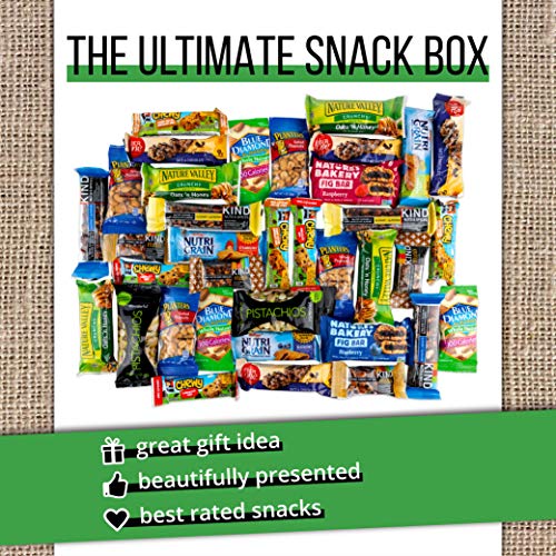 Variety Healthy Snack Box (37 Count) | Healthy Gift Basket of Assorted Packaged Granola Bars, Breakfast Bars, Nuts, Peanuts, Almonds, Fruit Bars | For Work Breakroom, Fitness, College Dorm Military