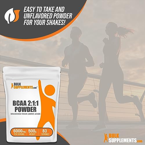 BULKSUPPLEMENTS.COM BCAA 2:1:1 Powder - Branched Chain Amino Acids. BCAA Powder, BCAAs Amino Acids Powder - Unflavored & Gluten Free, 6000mg per Serving - 83 Servings, 500g (1.1 lbs)