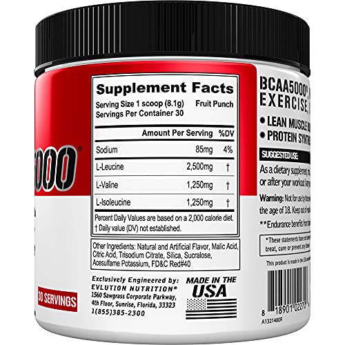 Evlution EVL BCAAs Amino Acids Powder - BCAA Powder Post Workout Recovery Drink and Stim Free Pre Workout Energy Drink Powder - 5g Branched Chain Amino Acids Supplement for Men - Fruit Punch