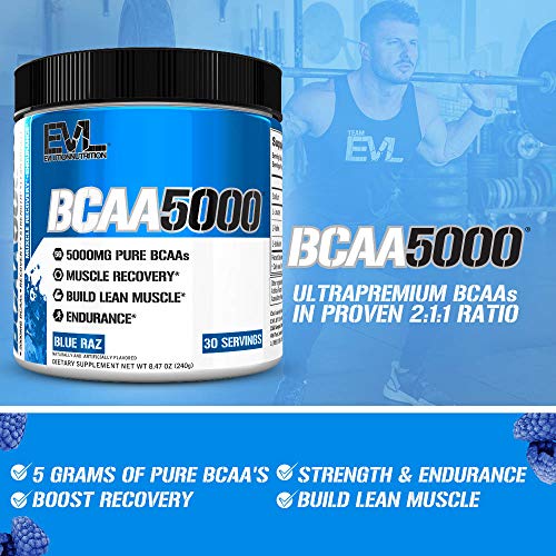 Evlution EVL BCAAs Amino Acids Powder - BCAA Powder Post Workout Recovery Drink and Stim Free Pre Workout Energy Drink Powder - 5g Branched Chain Amino Acids Supplement for Men - Blue Raz