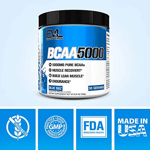 Evlution EVL BCAAs Amino Acids Powder - BCAA Powder Post Workout Recovery Drink and Stim Free Pre Workout Energy Drink Powder - 5g Branched Chain Amino Acids Supplement for Men - Blue Raz