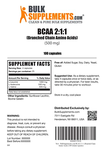 BULKSUPPLEMENTS.COM BCAA 2:1:1 Capsules - Branched Chain Amino Acids - BCAA Capsules - BCAA Supplements - BCAAs Amino Acids - BCAA Pills - 4 Capsules for Serving (100 Capsules)