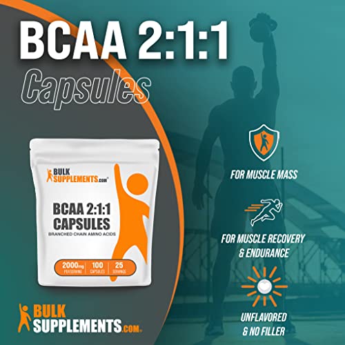 BULKSUPPLEMENTS.COM BCAA 2:1:1 Capsules - Branched Chain Amino Acids - BCAA Capsules - BCAA Supplements - BCAAs Amino Acids - BCAA Pills - 4 Capsules for Serving (100 Capsules)
