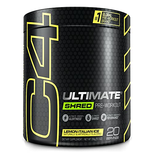 Cellucor C4 Ultimate Shred Pre Workout Powder, Fat Burner for Men & Women, Metabolism Supplement with Ginger Root Extract, Lemon Italian Ice, 20 Servings