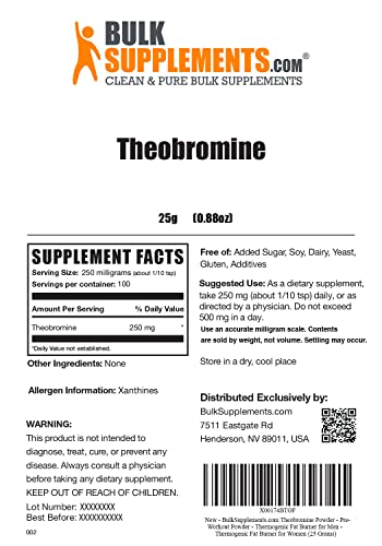 BULKSUPPLEMENTS.COM Theobromine Powder - Theobromine Supplement, Nootropic Supplement - Brain & Energy Support, Gluten Free - 250mg per Servings, 100 Servings, 25g (0.88 oz)