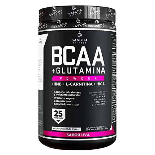 SASCHA FITNESS BCAA 4:1:1 + Glutamine, HMB, L-Carnitine, HICA | Powerful and Instant Powder Blend with Branched Chain Amino Acids (BCAAs) for Pre, Intra and Post-Workout | Natural Grape Flavor, 350g