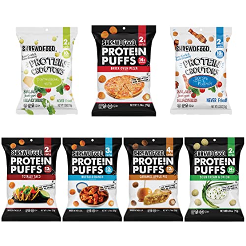 Shrewd Food Protein Puffs - High Protein, Low-Carb, Gluten-Free, Health Conscious Snacks, Keto Snacks, Non GMO, Soy-Free, Tree Nut Free, Peanut-Free, Never Fried - Variety, (5)-0.74 oz & (2)-0.52oz (Pack of 7)