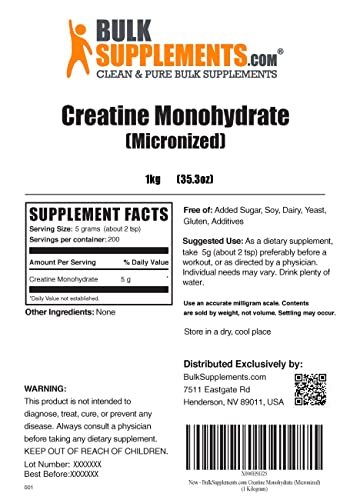 BULKSUPPLEMENTS.COM Creatine Monohydrate Powder - Creatine Powder, Vegan Creatine, Creatine Supplements - 5g of Micronized Creatine Monohydrate Powder per Serving, Creatine 1kg (2.2 lbs)