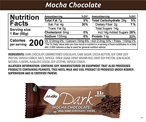 NuGo Dark Chocolate Mocha, 11g Vegan Protein, 200 Calorie, Gluten Free, 1.76 Ounce (Pack of 12)