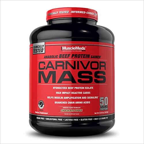 MuscleMeds Carnivor Mass Gainer Beef Protein Isolate Shake, 50 Grams Protein, 125 Grams Carbs, 0 Fat, 0 Sugar, Lactose Free, ChocolateFudge, 6 Pound