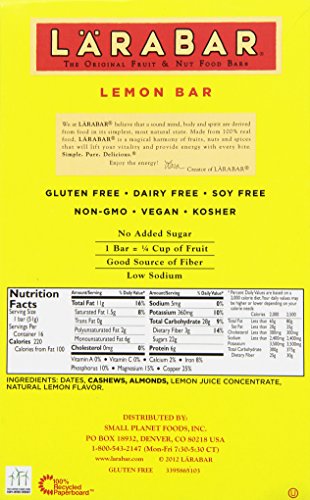 LÄRABAR Gluten Free Bar, Lemon Bar, 1.8 oz Bars (16 Count), Whole Food Gluten Free Bars, Dairy Free Snacks