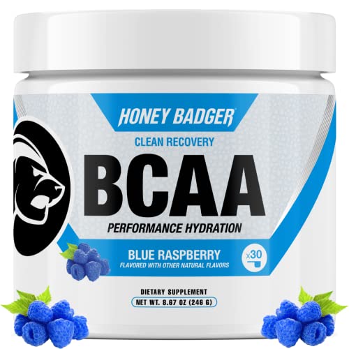 Honey Badger BCAA Amino Acids Electrolytes Powder, Keto, Vegan, Sugar Free BCAAs + EAA with L-Glutamine For Men & Women, Hydration & Post Workout Muscle Recovery Drink Mix, Blue Raspberry, 30 Servings