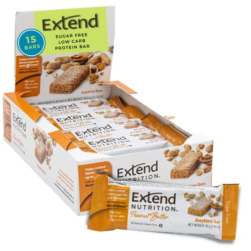 Extend Nutrition Bar, Snacks for Diabetics, Sugar Free Snacks for Diabetic Adults, Low Carb, Keto Friendly, Low Glycemic Snacks for Diabetes, Indulgent Diabetic Food Bars, Peanut Butter, 15 Count