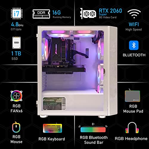 STGAubron Gaming PC,Intel Core i7-10700F up to 4.8G,GeForce RTX 2060 Super 8G GDDR6,16G DDR4,1T SSD,WiFi,BT 5.0,RGB Fan x 6,RGB Keyboard&Mouse&Mouse Pad,RGB BT Sound Bar,RGB BT Gaming Mic,W11H64