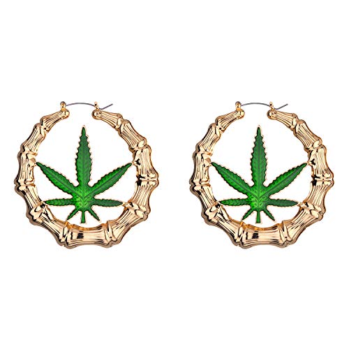 Gold Bone Hoop Earrings with Green Pot Leaf