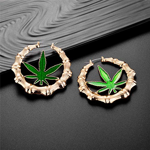 Gold Bone Hoop Earrings with Green Pot Leaf