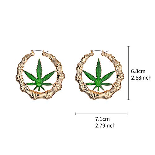 Gold Bone Hoop Earrings with Green Pot Leaf
